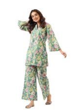 Women's Trendy Printed Cotton Blend Straight Light Green Color Kurta and Palazzo Set