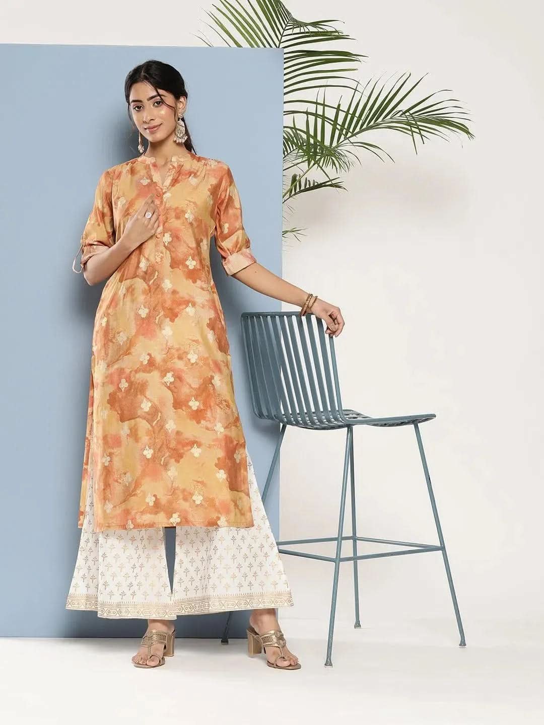 brown-printed-silk-straight-kurta-libas-1-1.jpg Brown Printed Silk Straight Kurta - Image 1